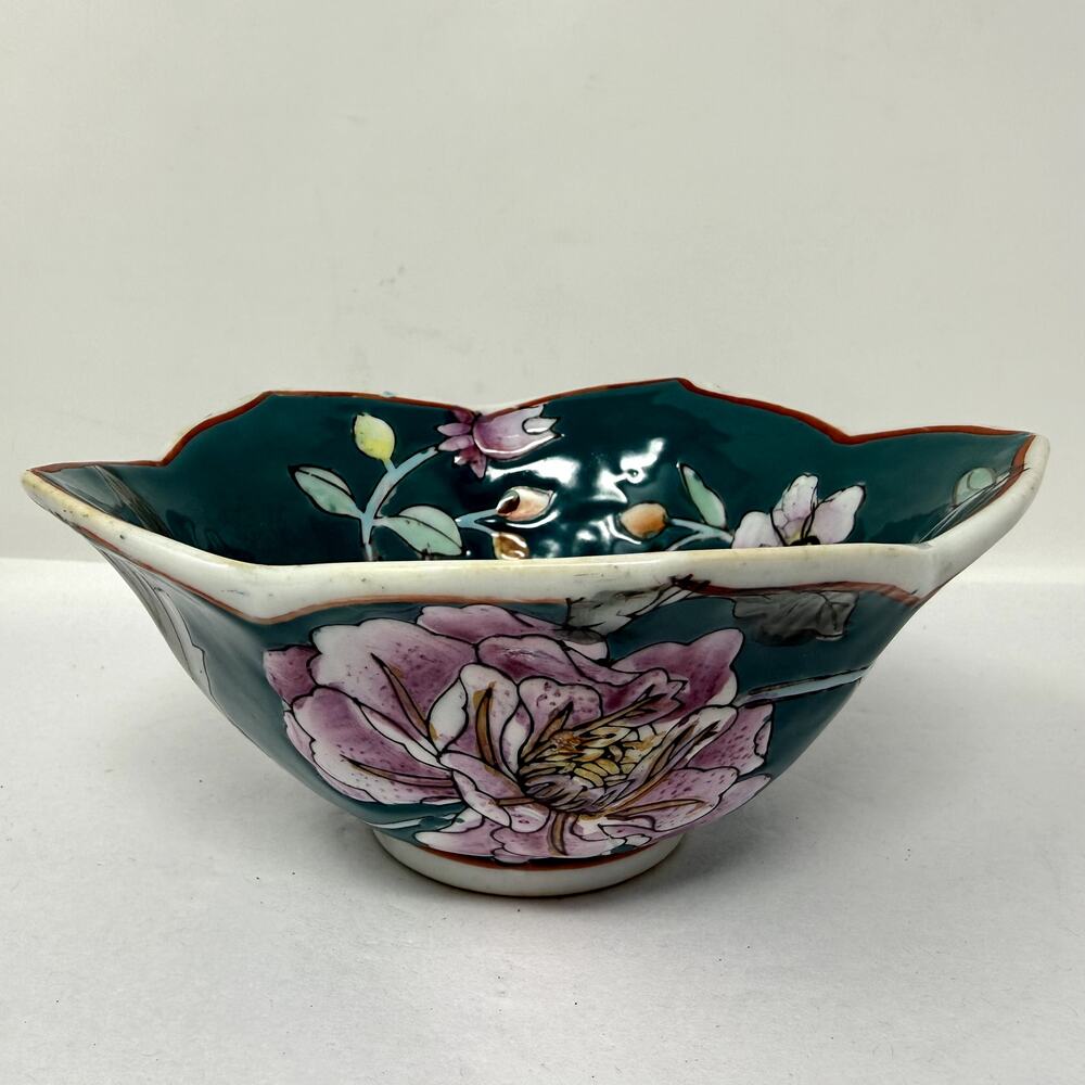 Toyo Teal Floral Bee Bowl Cottagecore Hand Painted Scalloped Art Dish